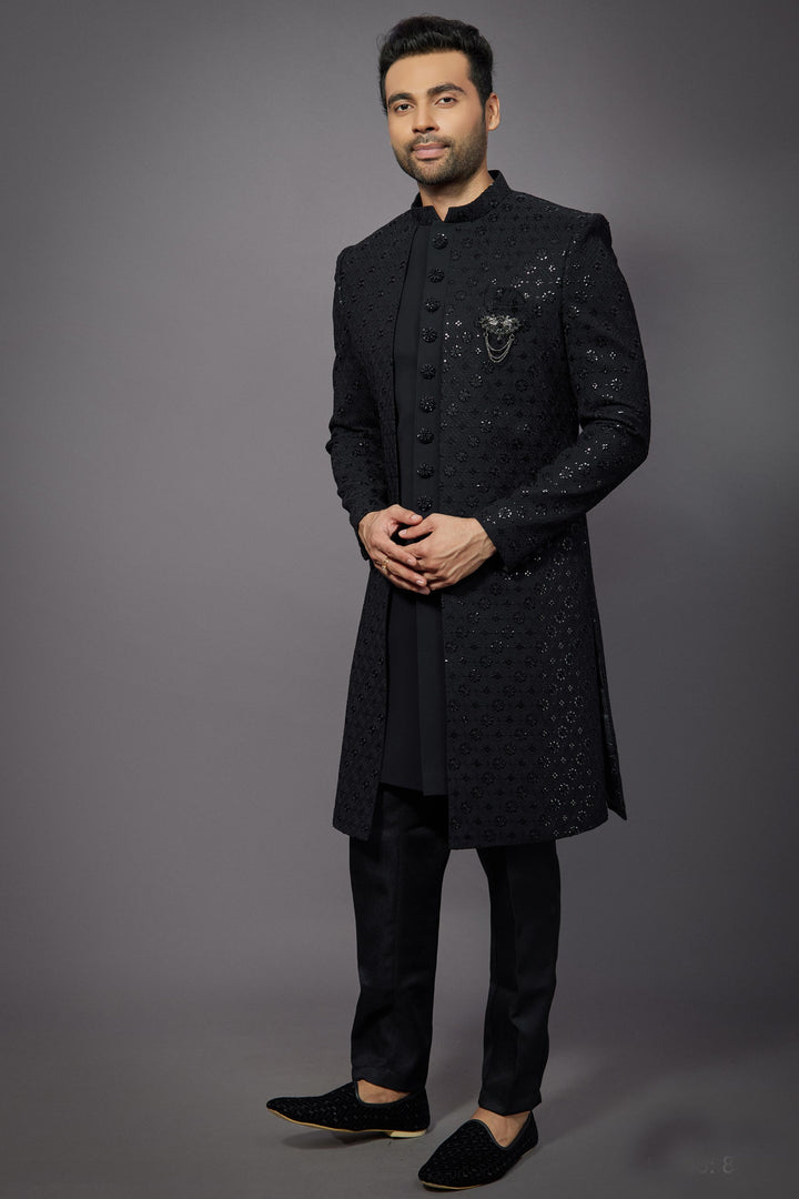 Black Gorgeous Silk Fabric Wedding Wear Readymade Indo Western For Men
