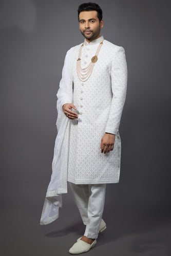 Beautiful White Color Wedding Wear Readymade Groom Sherwani For Men In Silk Fabric