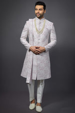 Load image into Gallery viewer, Lavender Color Wedding Wear Silk Fabric Designer Readymade Groom Sherwani For Men

