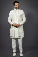 Load image into Gallery viewer, White Color Silk Fabric Wedding Wear Readymade Indo Western For Men
