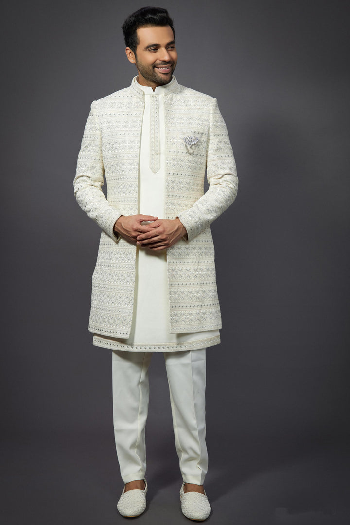 White Color Silk Fabric Wedding Wear Readymade Indo Western For Men