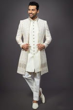 Load image into Gallery viewer, Beige Silk Fabric Wedding Wear Trendy Readymade Indo Western For Men
