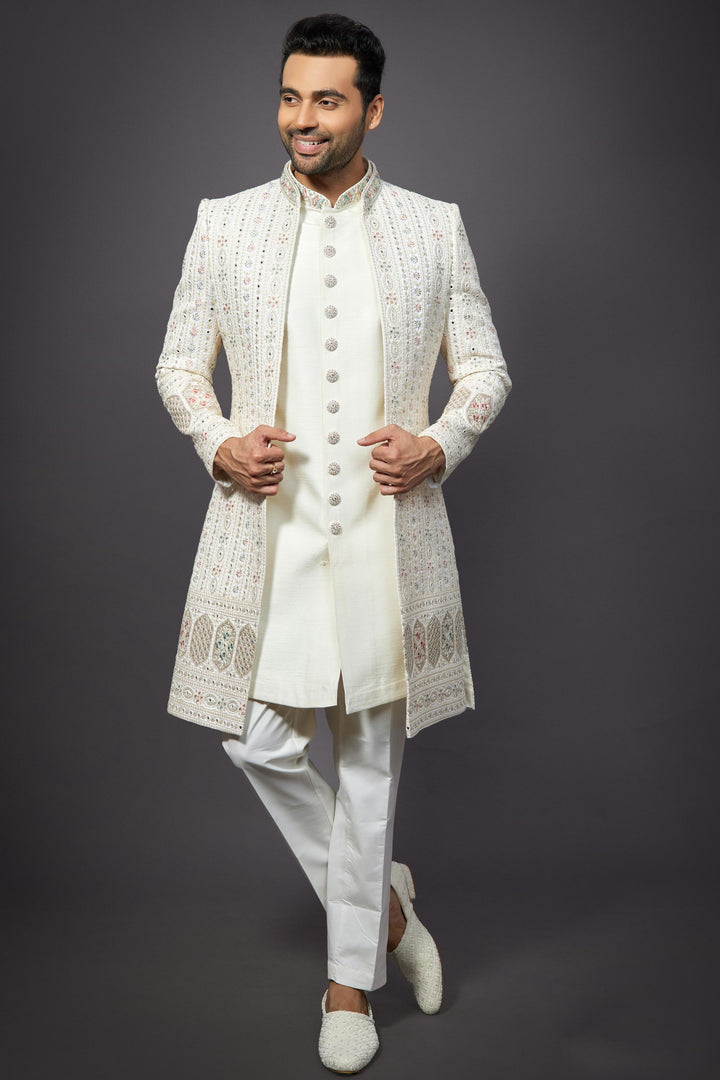 Beige Silk Fabric Wedding Wear Trendy Readymade Indo Western For Men