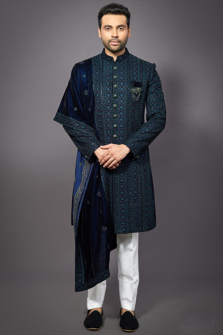 Silk Teal Color Wedding Wear Readymade Designer Men Groom Sherwani