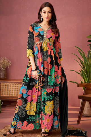 Printed Chinon Fabric Readymade Palazzo Suit In Multi Color