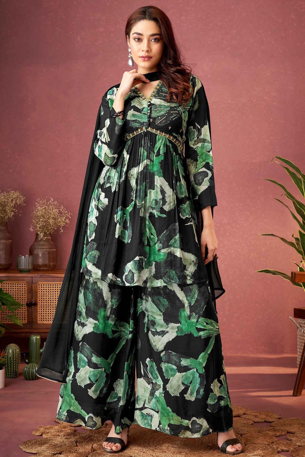 Multi Color Chinon Readymade Palazzo Suit With Embroidery Work