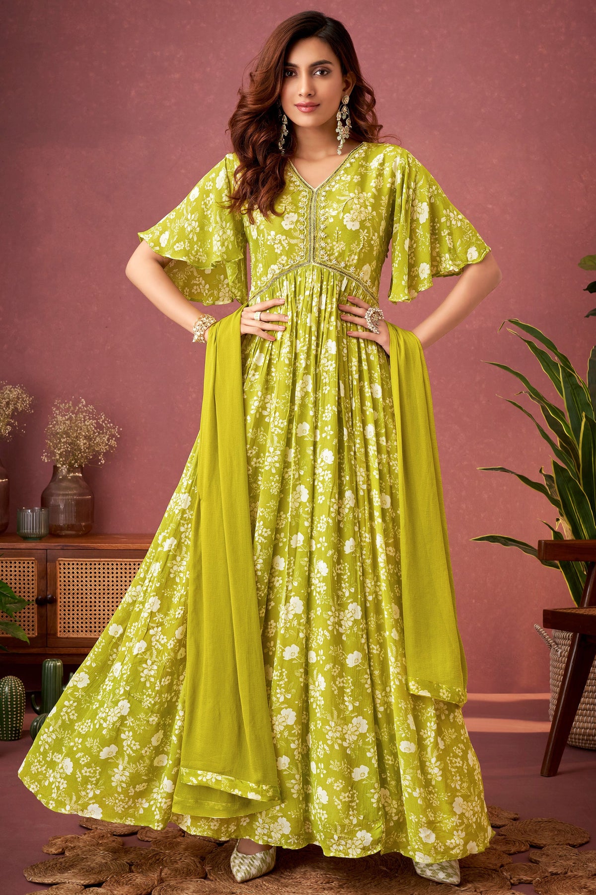 Green Color Chinon Readymade Gown With Embroidery Work