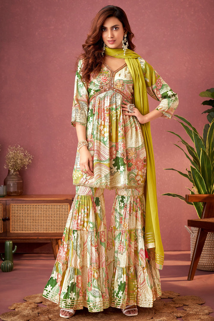 Fancy Fabric Printed Readymade Sharara Palazzo Suit In Multi Color