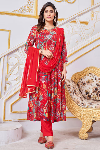 Chinon Fabric Fancy Printed Readymade Anarkali Suit In Red Color