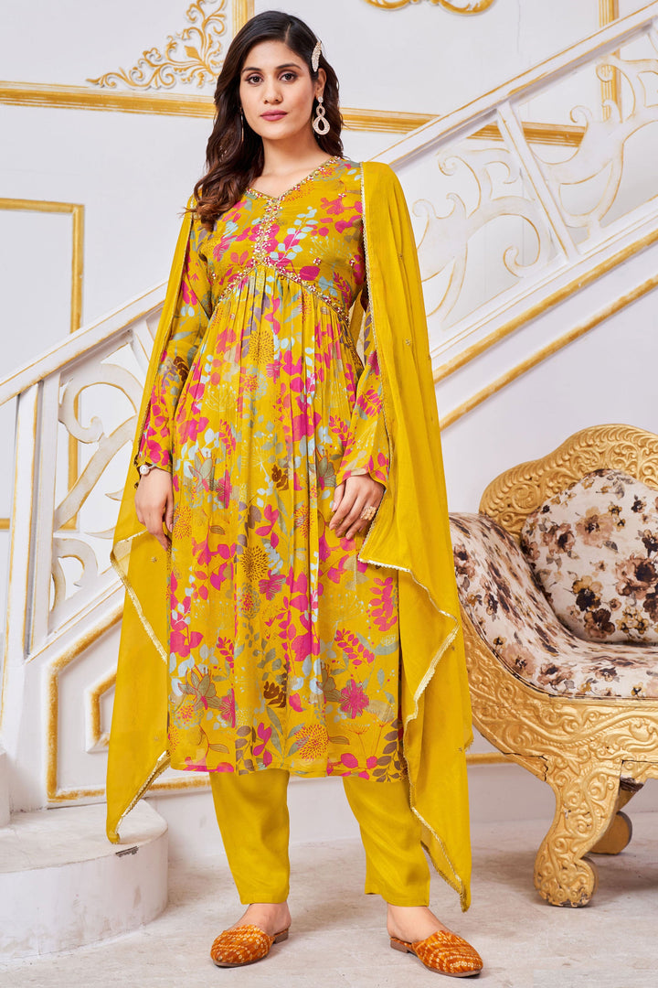 Yellow Color Printed Readymade Anarkali Suit In Chinon Fabric