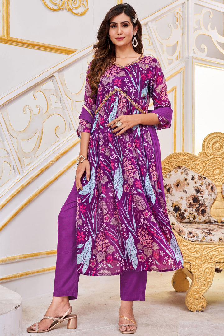 Purple Color Printed Readymade Anarkali Suit In Chinon Fabric