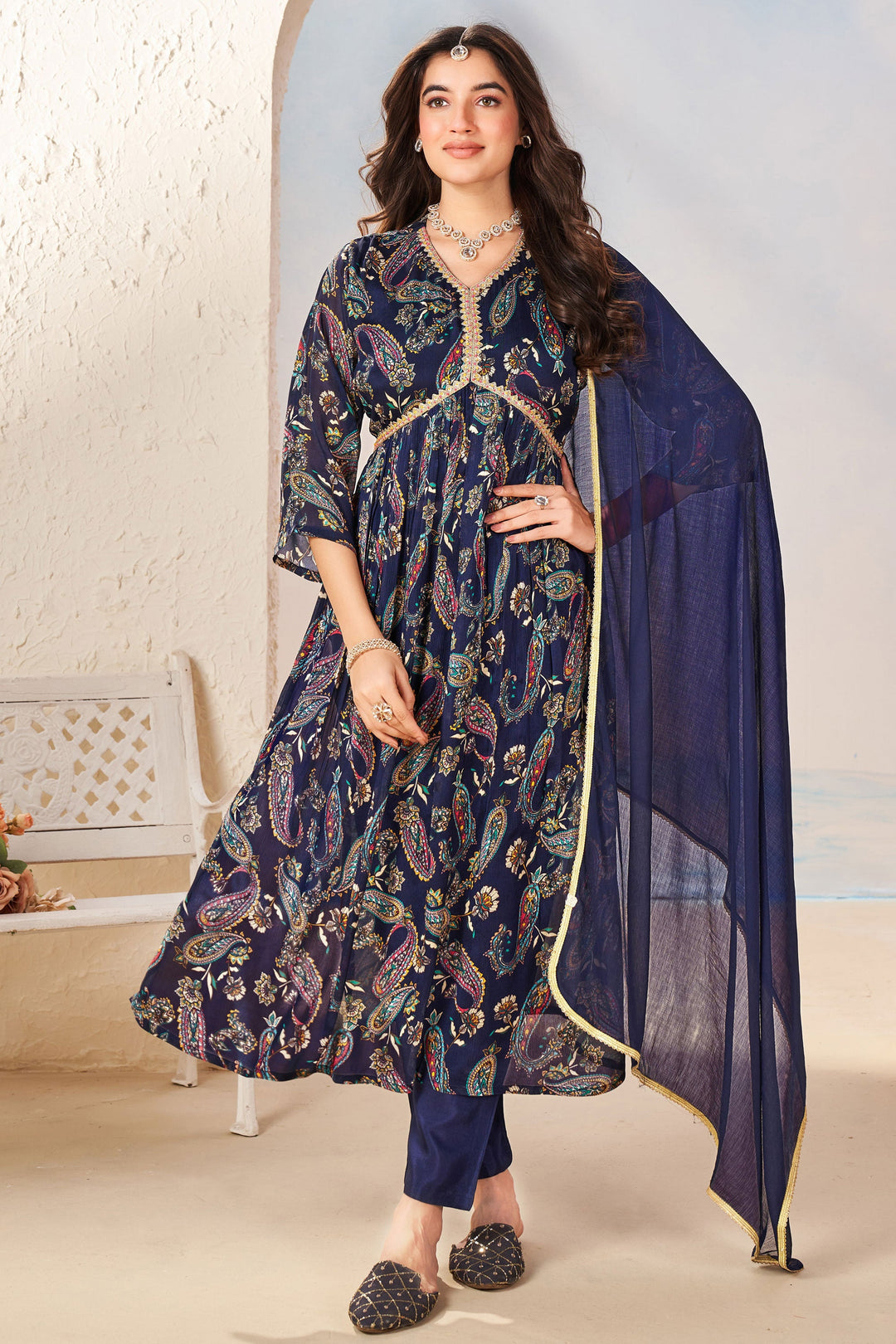 Navy Blue Color Printed Readymade Anarkali Suit In Chinon Fabric