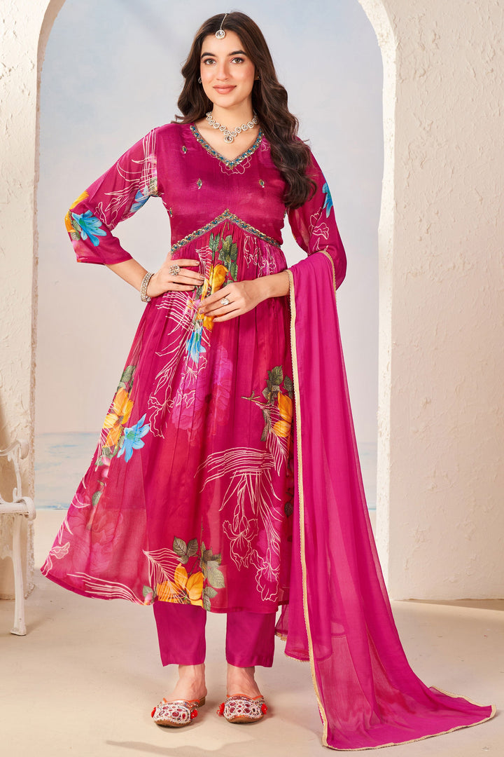 Printed Chinon Fabric Readymade Anarkali Suit In Rani Color