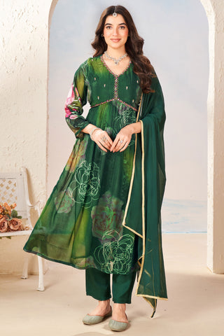 Green Color Chinon Fabric Fancy Printed Readymade Anarkali Suit