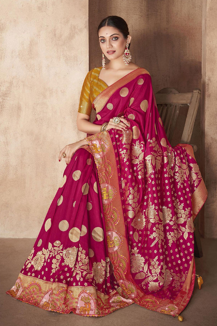 Silk Fabric Magenta Color Weaving Work Party Wear Saree With Designer Blouse