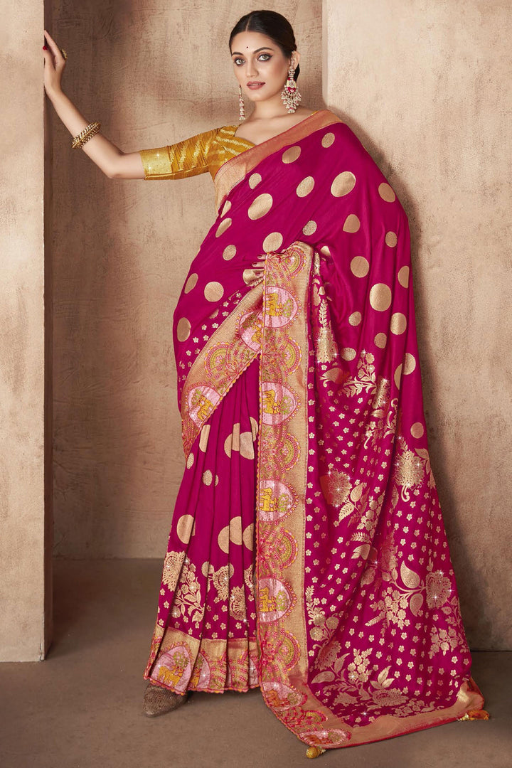 Silk Fabric Magenta Color Weaving Work Party Wear Saree With Designer Blouse