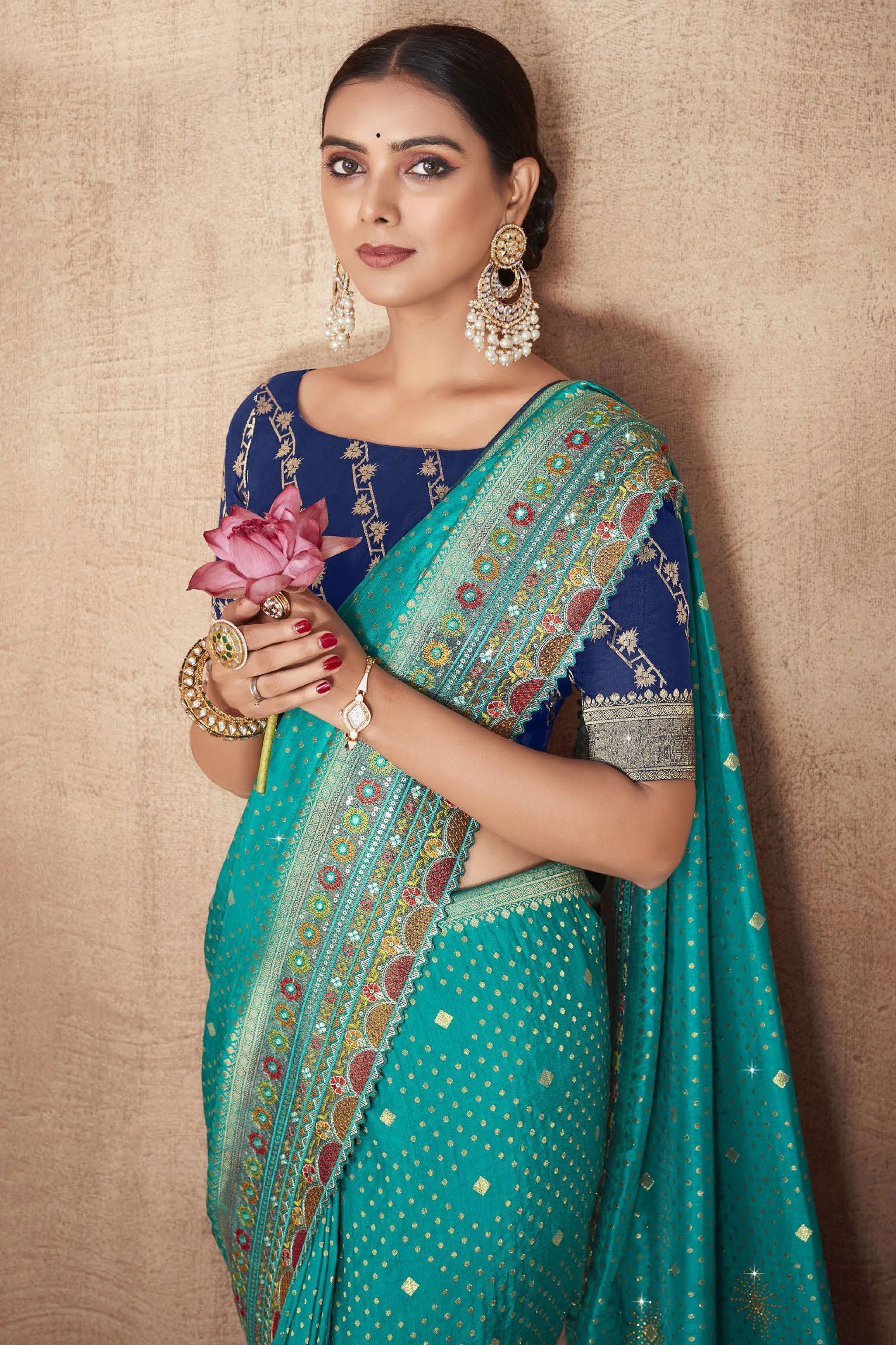 Cyan Color Attractive Weaving Work Silk Fabric Saree With Designer Blouse