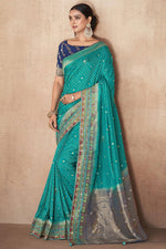 Load image into Gallery viewer, Cyan Color Attractive Weaving Work Silk Fabric Saree With Designer Blouse