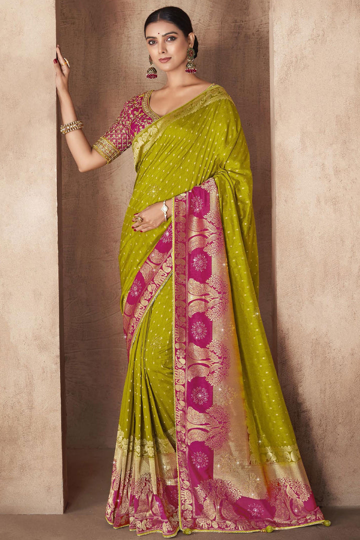 Dazling Green Color Weaving Work Silk Fabric Saree With Designer Blouse