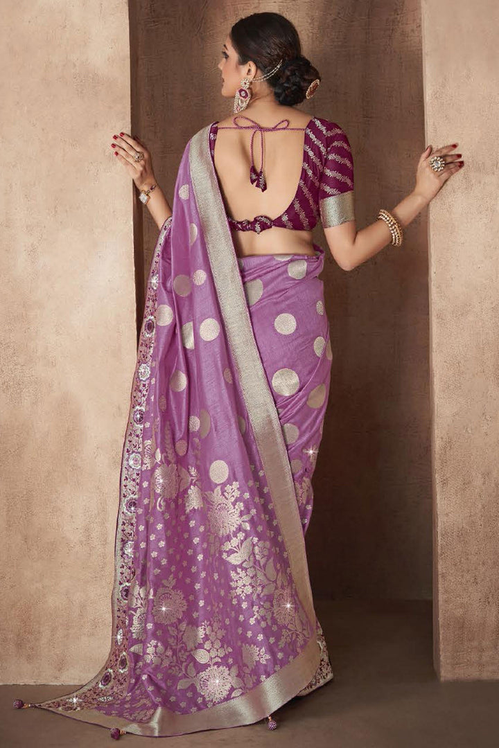 Lavender Color Silk Fabric Weaving Work Saree With Designer Blouse