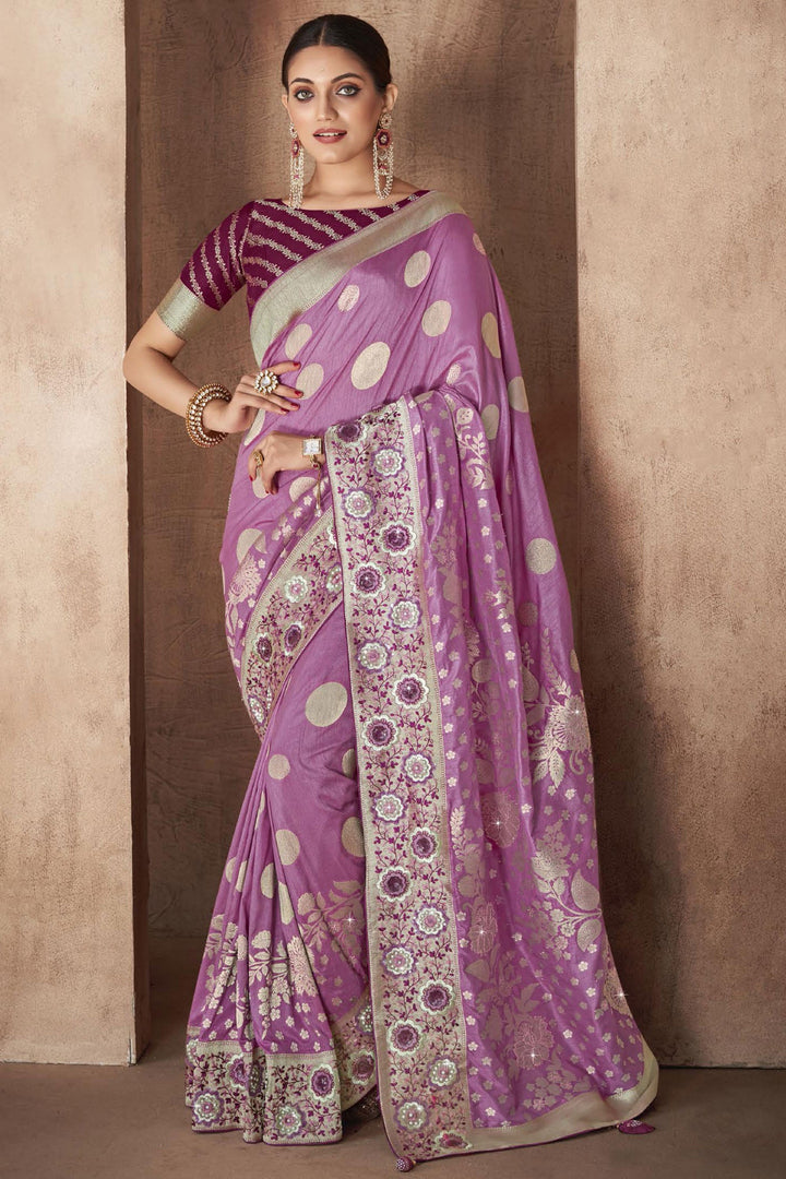 Lavender Color Silk Fabric Weaving Work Saree With Designer Blouse