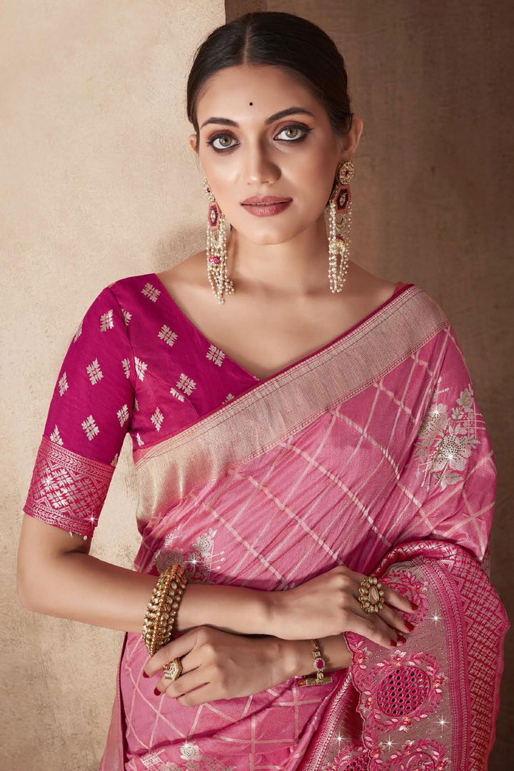 Trendy Weaving Work Pink Color Silk Fabric Saree With Designer Blouse