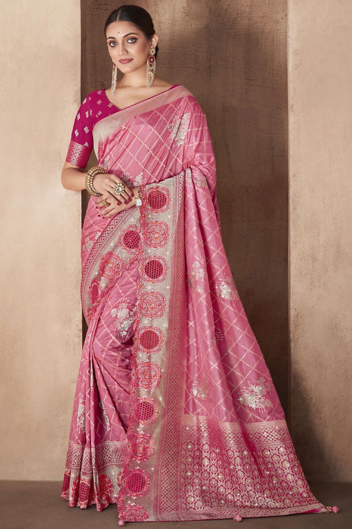 Trendy Weaving Work Pink Color Silk Fabric Saree With Designer Blouse