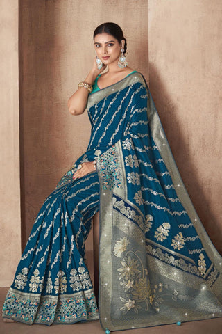 Teal Color Weaving Work Party Wear Silk Fabric Saree With Designer Blouse