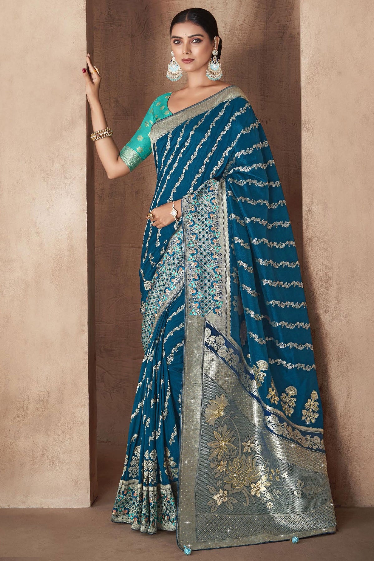 Teal Color Weaving Work Party Wear Silk Fabric Saree With Designer Blouse