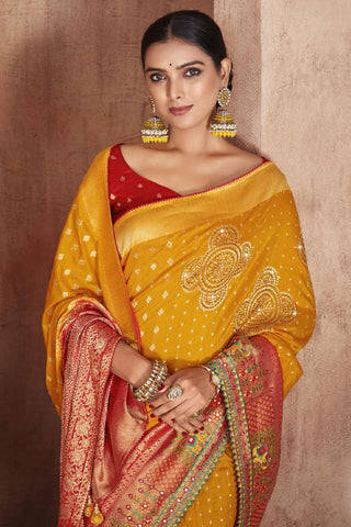 Party Look Weaving Work Orange Color Silk Fabric Saree With Designer Blouse