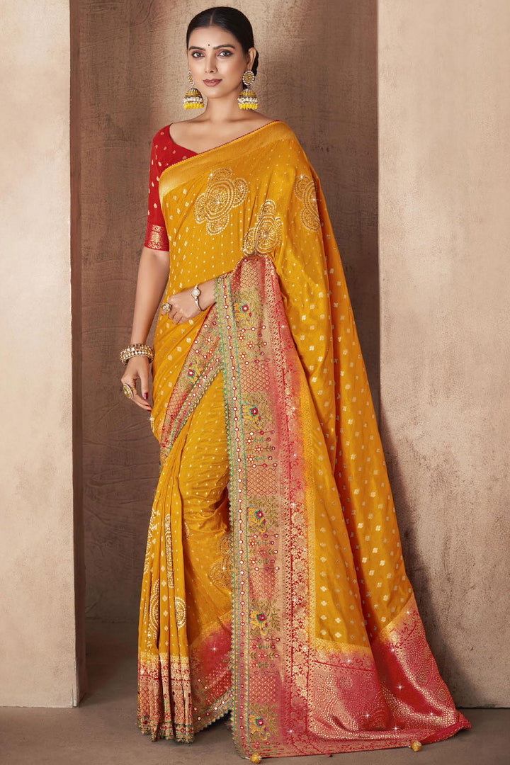 Party Look Weaving Work Orange Color Silk Fabric Saree With Designer Blouse