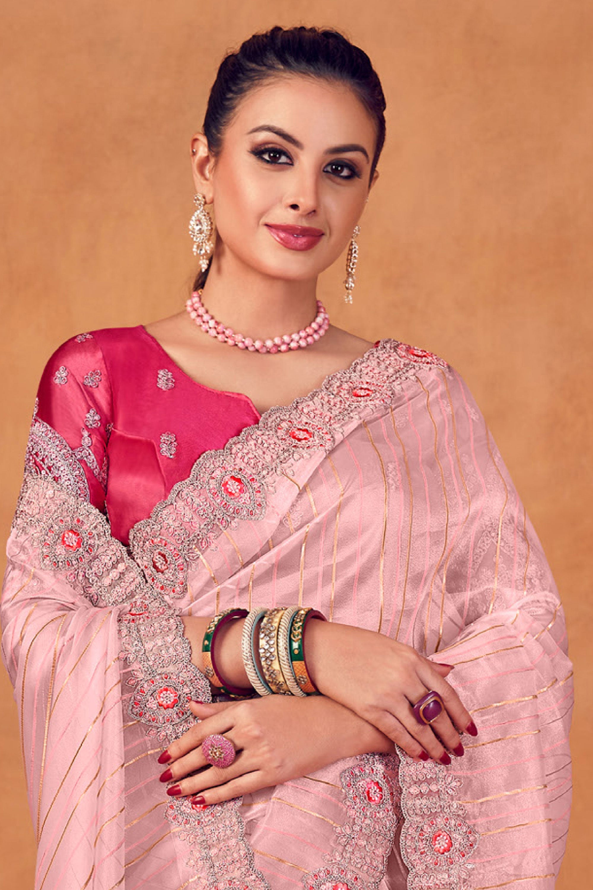 Pink Color Weaving Work Organza Fabric Party Wear Saree