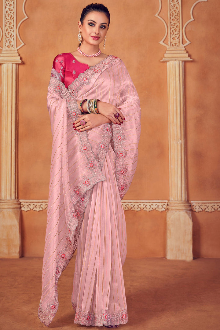 Pink Color Weaving Work Organza Fabric Party Wear Saree