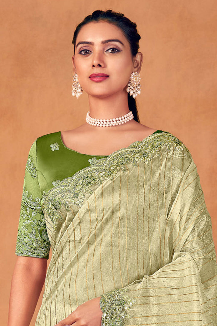 Beautiful Weaving Work Organza Fabric Saree In Green Color