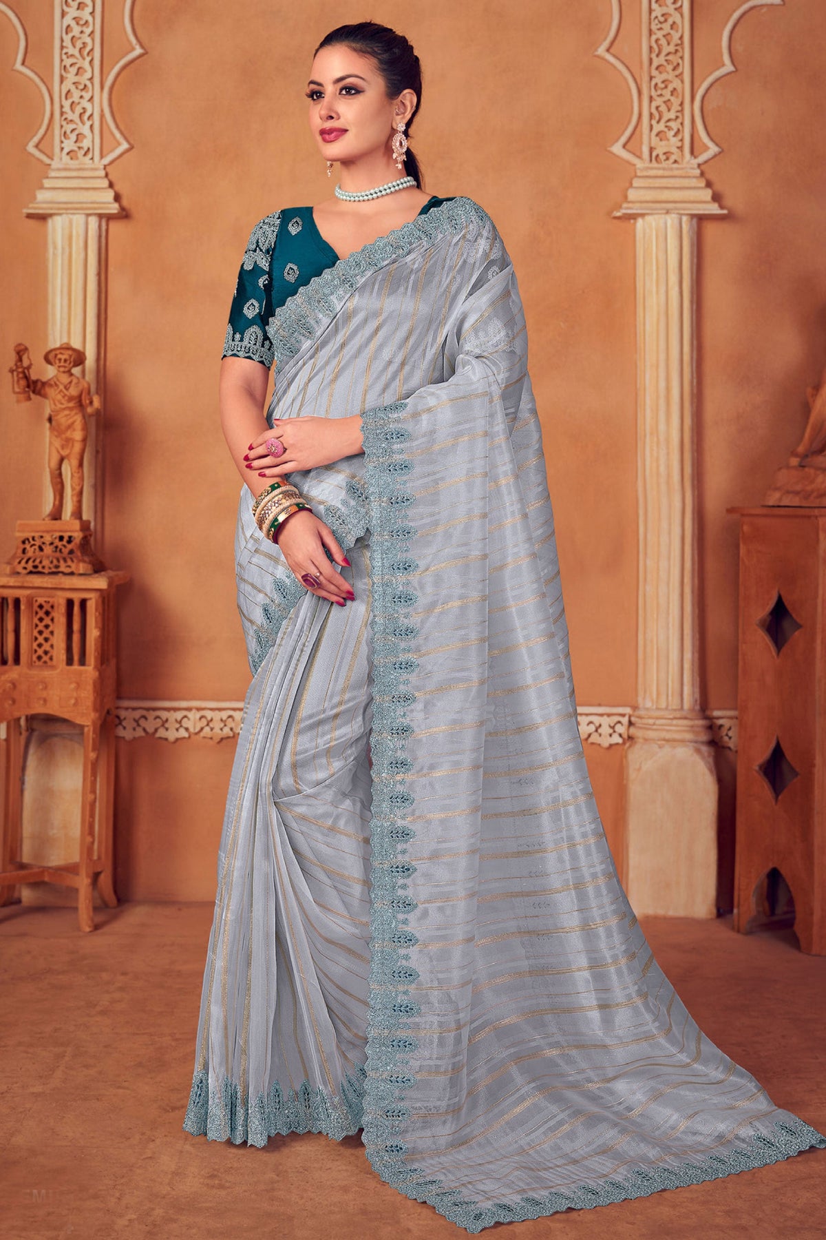 Organza Fabric Weaving Work Grey Color Designer Saree