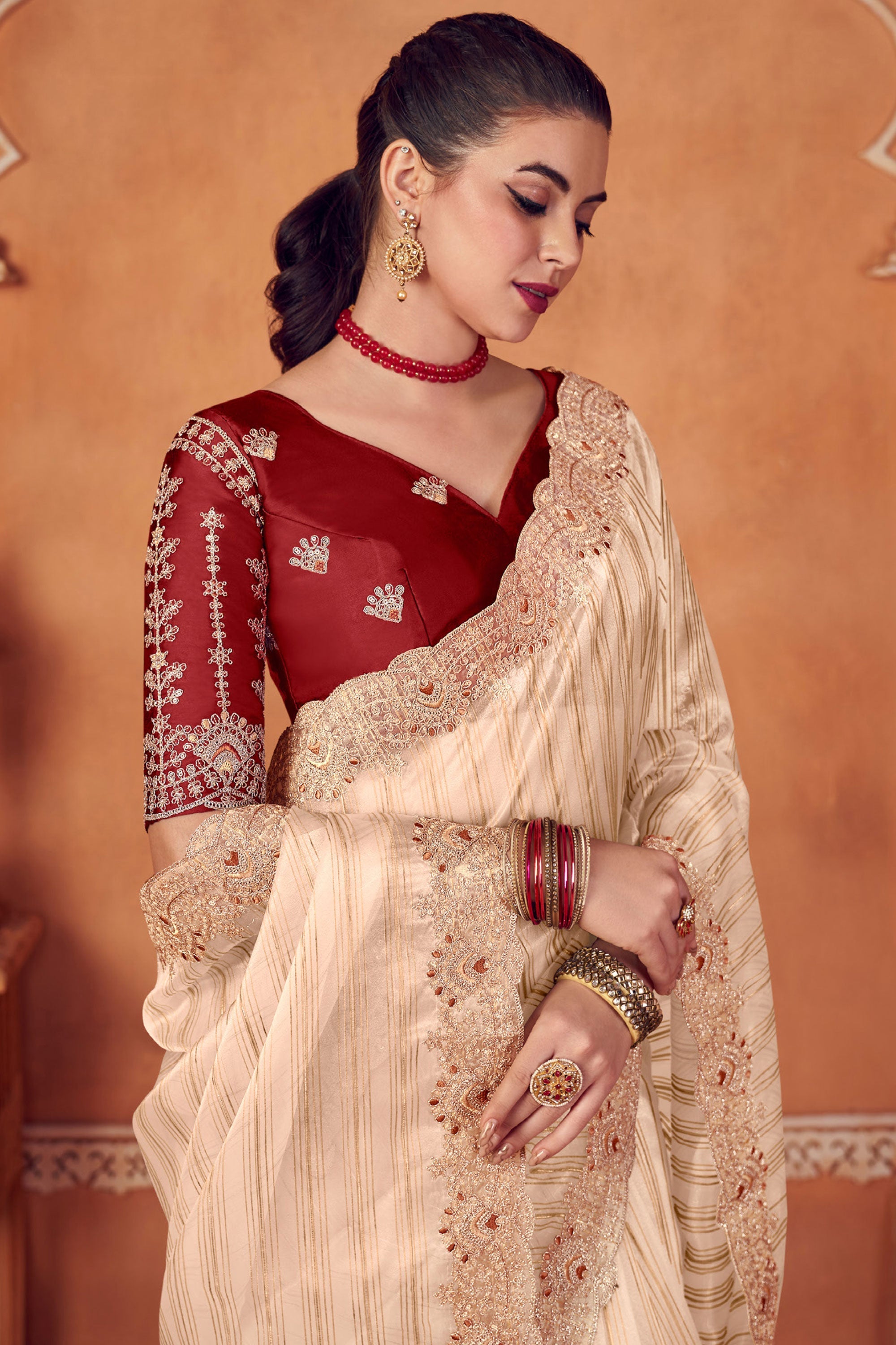 Beige Color Designer Weaving Work Organza Fabric Saree