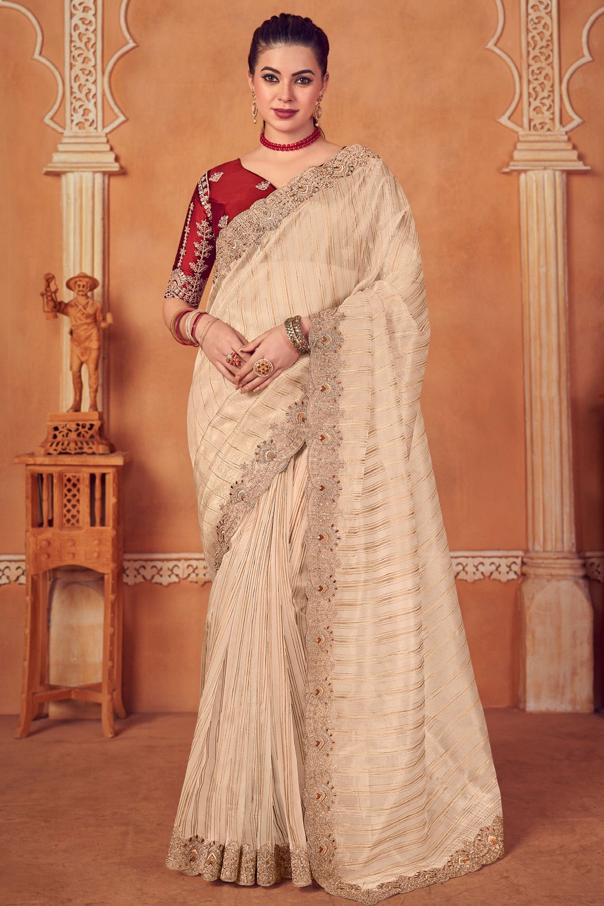 Beige Color Designer Weaving Work Organza Fabric Saree