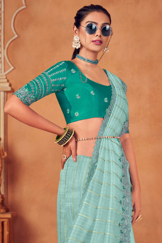 Exclusive Weaving Work Sea Green Color Organza Fabric Saree