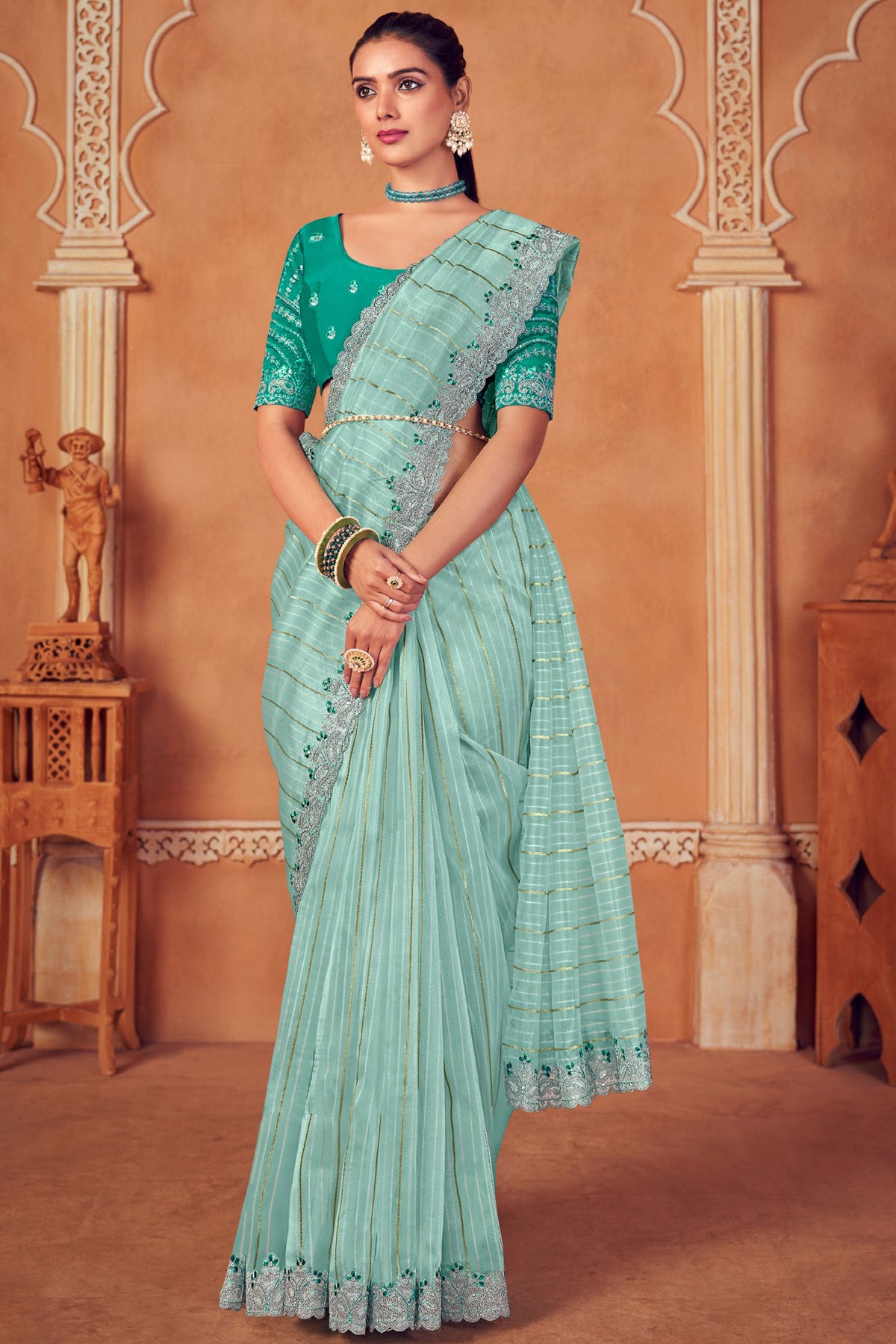 Exclusive Weaving Work Sea Green Color Organza Fabric Saree