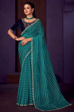 Load image into Gallery viewer, Festive Style Cyan Color Stone Work Organza Fabric Saree
