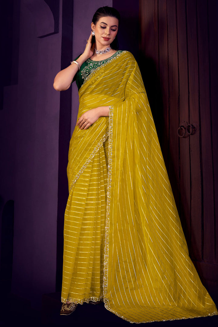 Alluring Yellow Color Stone Work Organza Fabric Saree