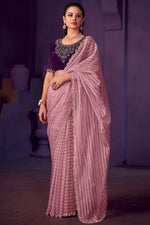 Load image into Gallery viewer, Organza Fabric Pink Color Beautiful Stone Work Saree
