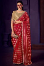 Load image into Gallery viewer, Exclusive Organza Fabric Red Color Saree With Stone Work
