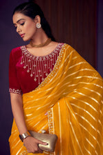 Load image into Gallery viewer, Mustard Color Stone Work Organza Fabric Function Wear Saree
