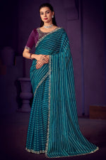 Load image into Gallery viewer, Attractive Stone Work Organza Fabric Saree In Teal Color
