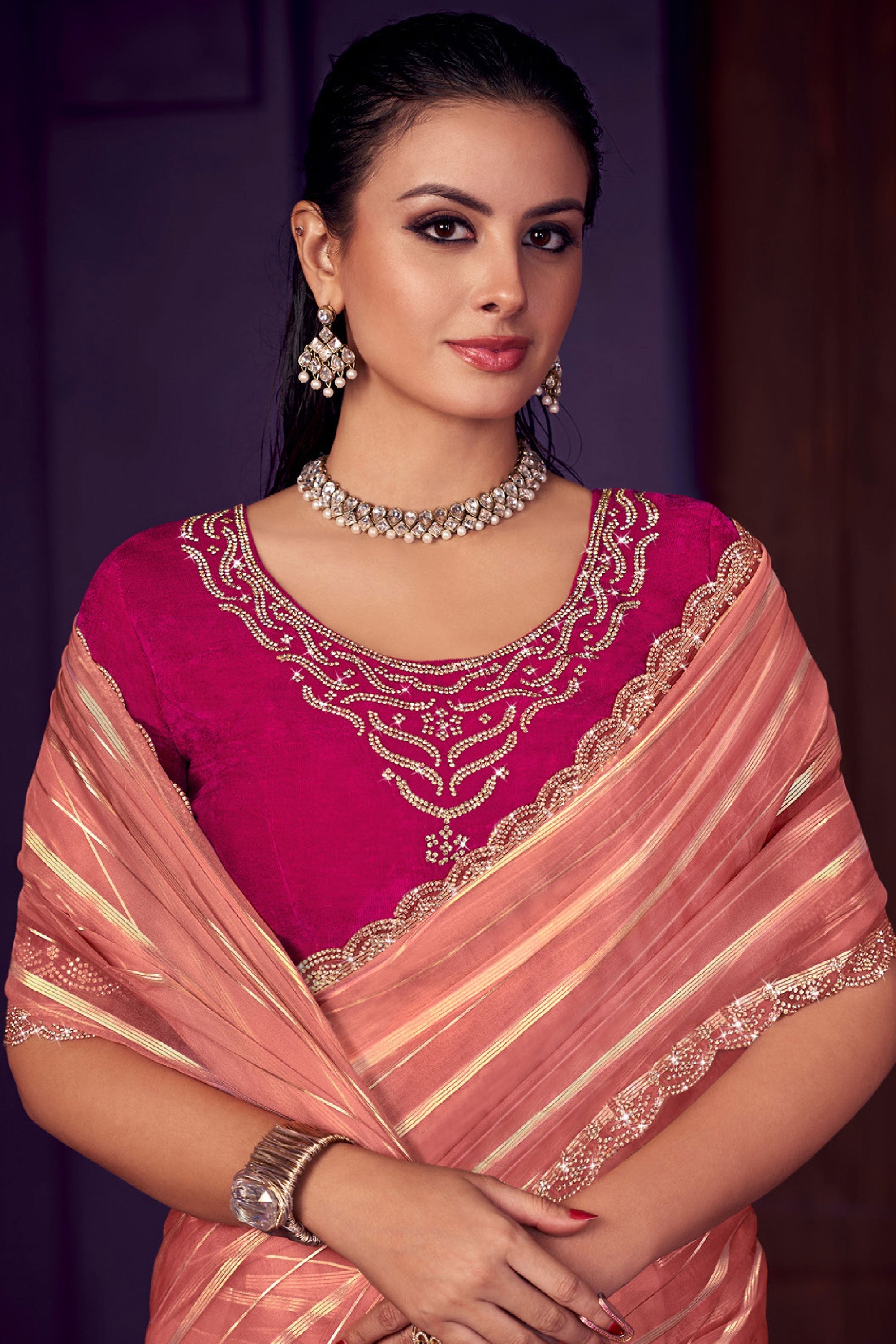 Peach Color Stone Work Organza Fabric Trendy Saree