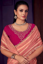Load image into Gallery viewer, Peach Color Stone Work Organza Fabric Trendy Saree
