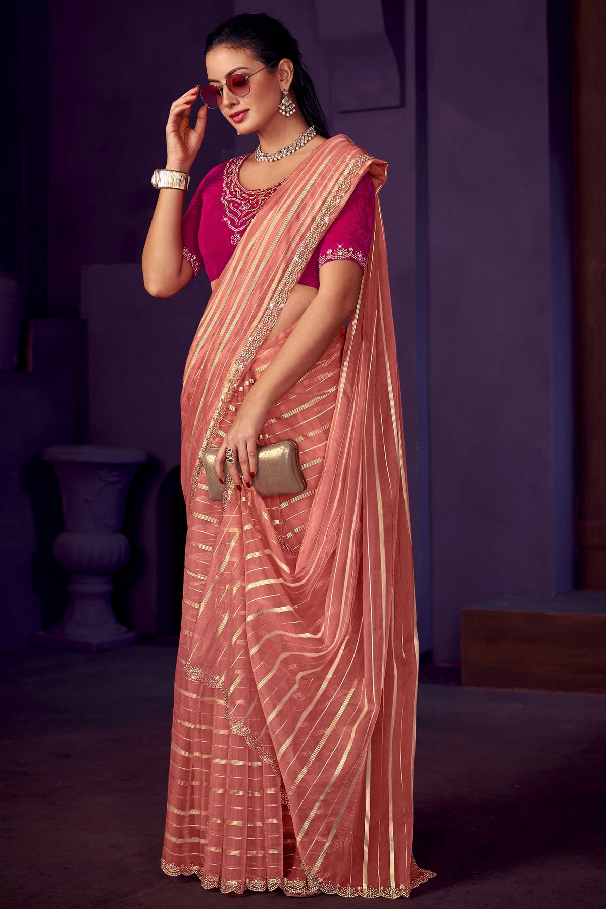 Peach Color Stone Work Organza Fabric Trendy Saree