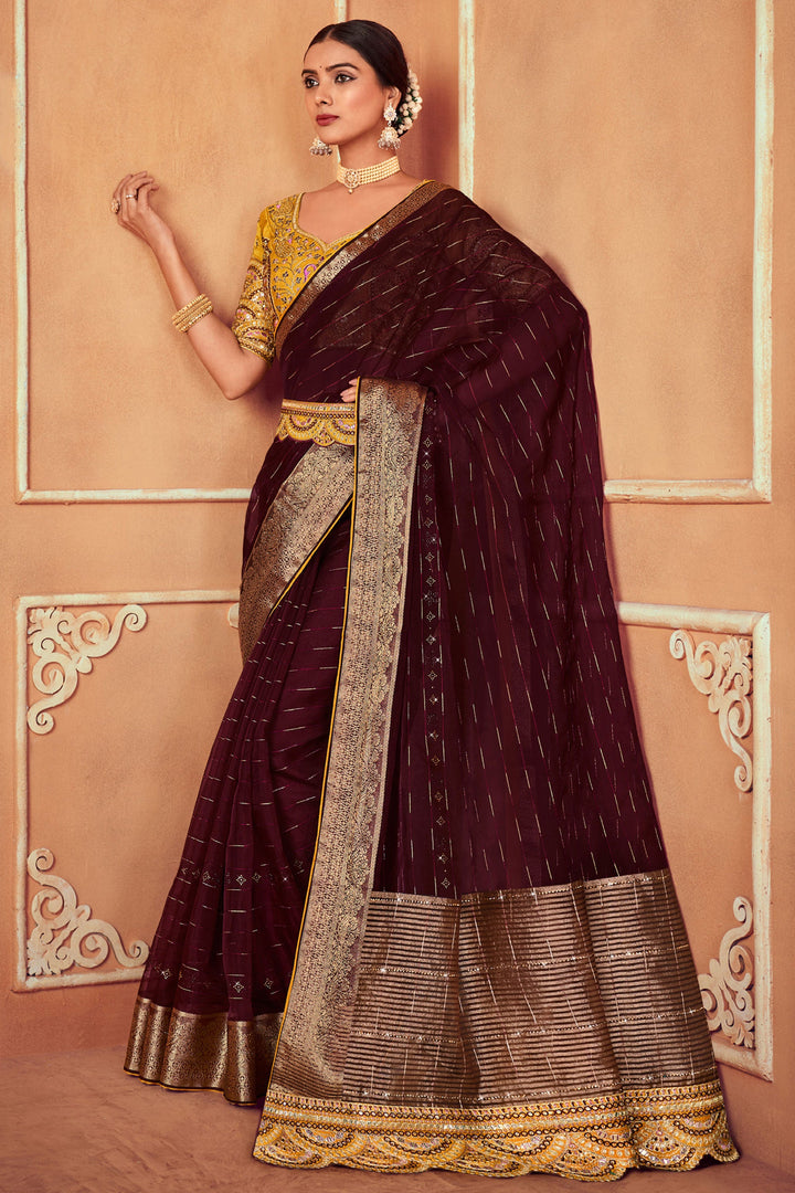 Party Style Maroon Color Border Work Organza Fabric Saree With Embroidered Designer Blouse