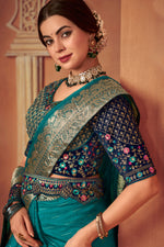 Load image into Gallery viewer, Attractive Border Work Organza Fabric Cyan Color Saree With Embroidered Designer Blouse
